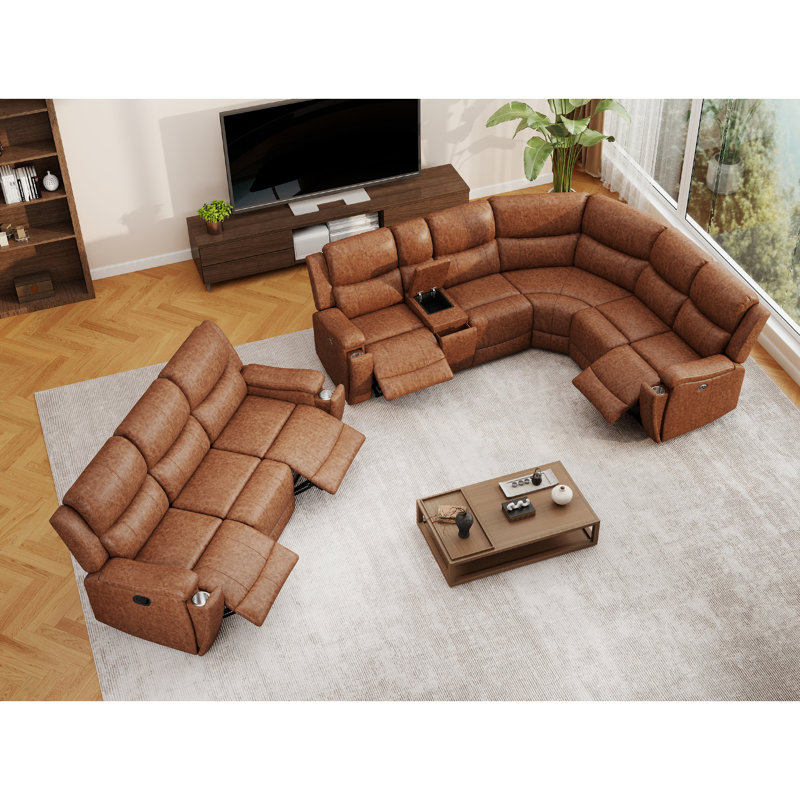 Hunstant 2-Piece Reclining Corner Sectional Sofa And Couch Set With Cupholder & Usb Ports, Brown Faux Leather
