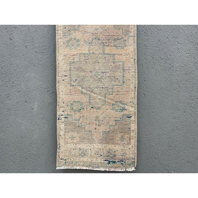 Tapis en laine beige 15,7 x 34,6 po, motif géométrique moderne rétro traditionnel