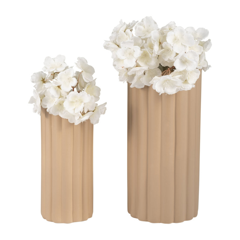 Modern Vases Set - Stoneware Woven Synthetic Wicker Ceramic Decorative Accent Vessels - Set of 2, Ribbed Cream