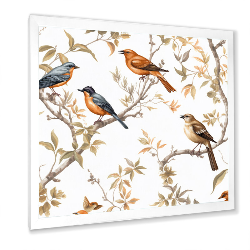 «Orange Green Birds On Trees», reproduction sur toile, H 30 po x l 30 po x P 1 po, Cadre simple blanc