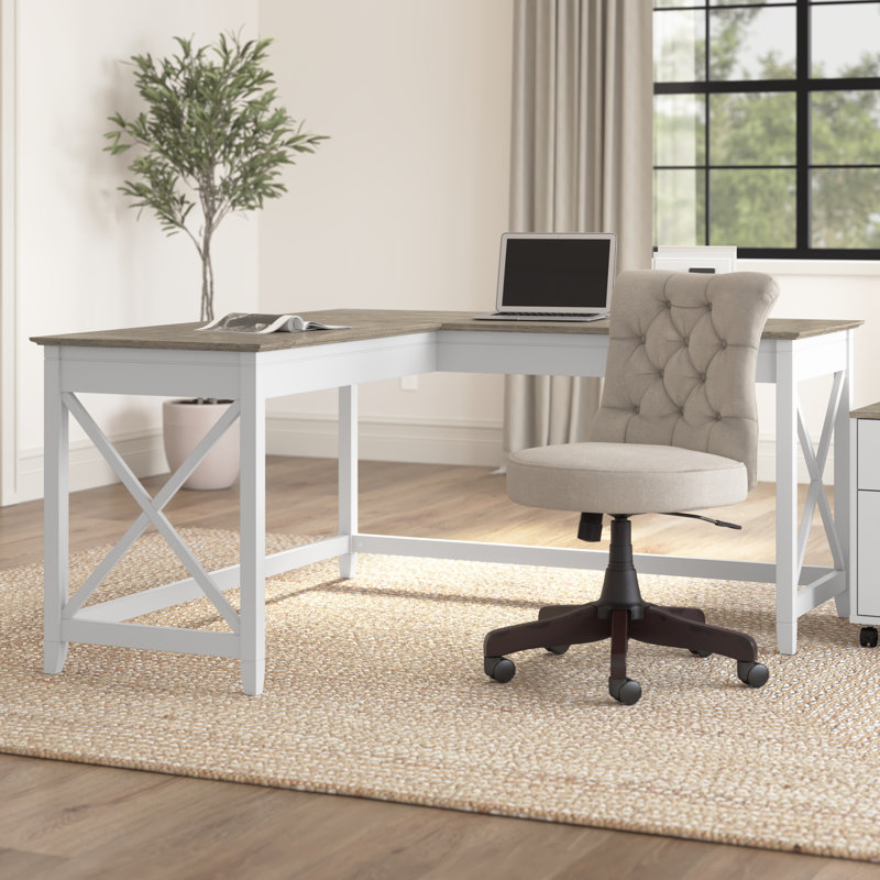 Ovia L-Shaped Synthetic Laminate Writing Desk, Shiplap Gray/White