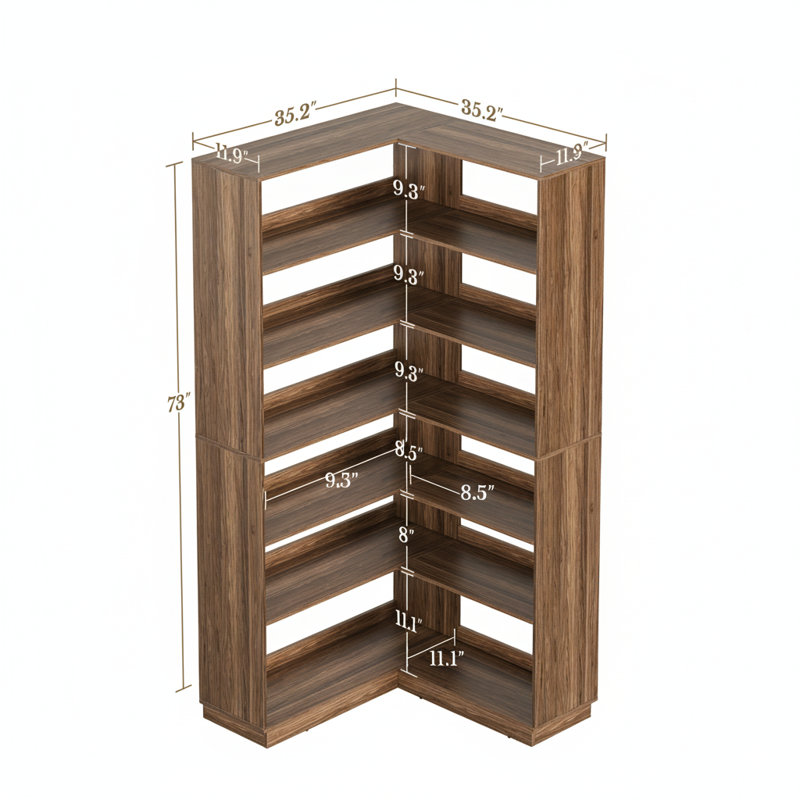 71" Corner Bookshelf, 6 Tier L-Shaped Bookcase, Brown