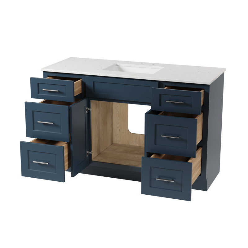 Meuble-lavabo simple autoportant 54 po avec comptoir en quartz de Carrare 54 po, 6 tiroirs, Bleu