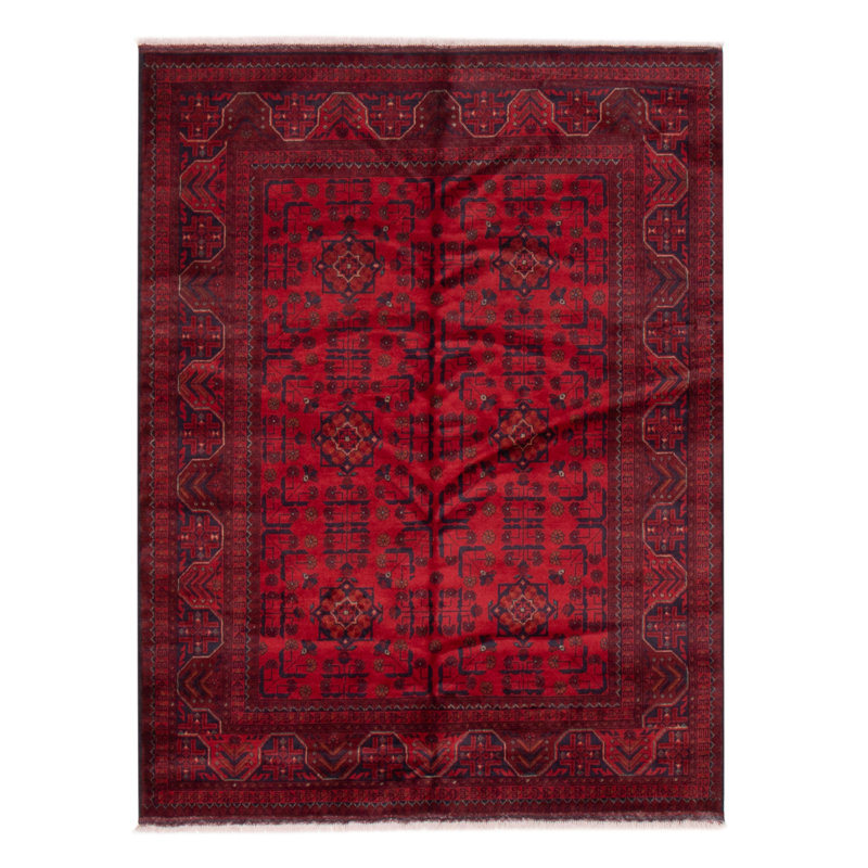 Tapis rouge en laine noué à la main de conception unique 5 pi 1 po x 6 pi 7 po nouvel âge Daisylynn