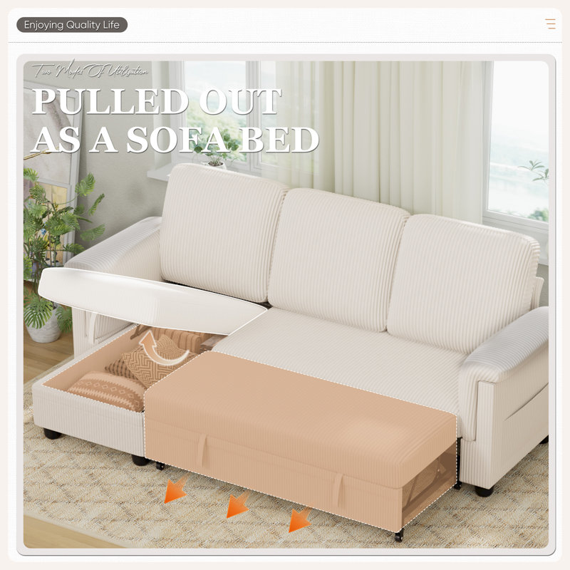 Corduroy Sectional Sleeper Sofa with Storage & Pull-Out Bed