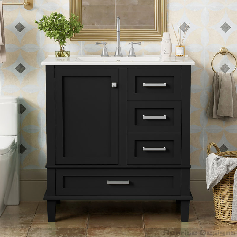 Armoire de salle de bain moderne 30 "avec lavabo, porte à fermeture douce et 3 tiroirs, Noir