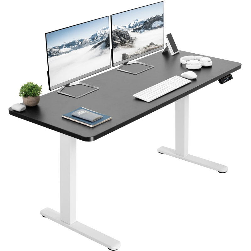 White and Black Adjustable Height Electric Standing Desk with Wood Top