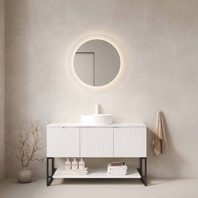 48" Bathroom Vanity With Sink, Freestanding Bathroom Storage Cabinet With 3 Doors And Open Shelf, White Round Ceramic Vessel Basin & Carrara White Sintered Stone Countertop