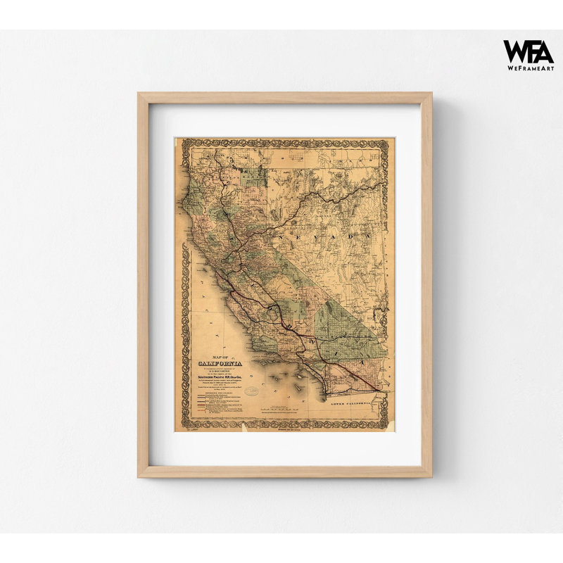 «California Southern Pacific 1876», reproduction de carte antique de la Californie, affiche du Pacifique, bibliothèque murale rustique, décor de bureau à domicile ancien