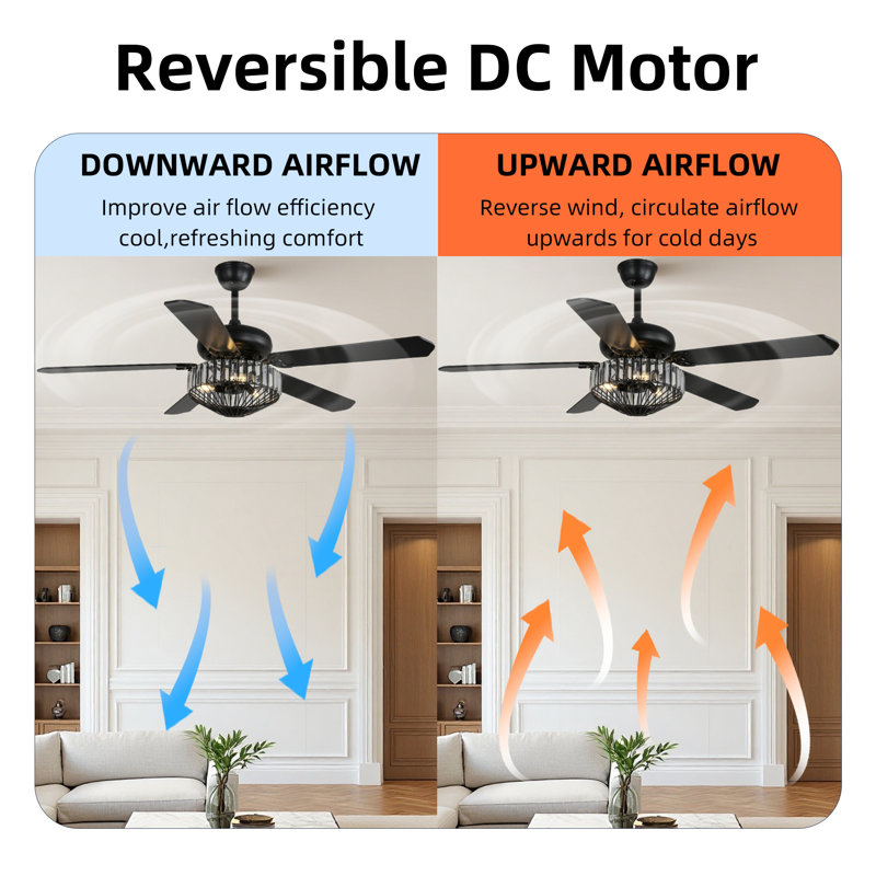 42'' Modern Black Crystal Ceiling Fan with 3 Lights, 5 Wood Blades, DC Motor, Dual Downrods for Living Room or Dining Room