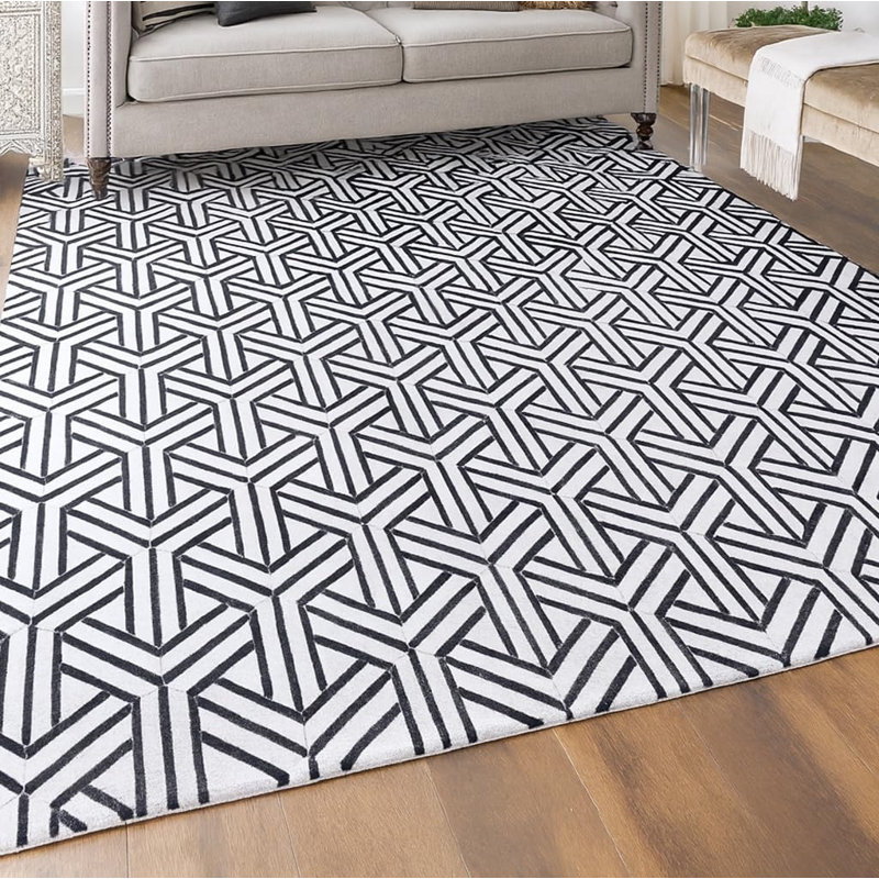 Tapis en cuir de vache noir et blanc à motif géométrique noir 10 pi x 13 pi, Noir, Rectangle 120" x 156"