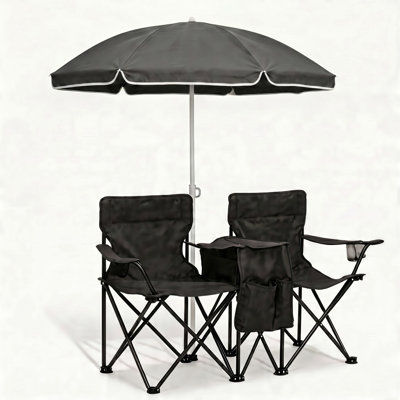 Portable Folding Picnic Chair Set with Umbrella, 2-Person Outdoor Camping Chairs Cup Holders, Foldable Beach Chair Set for Patio, Camping, Backyard, Black