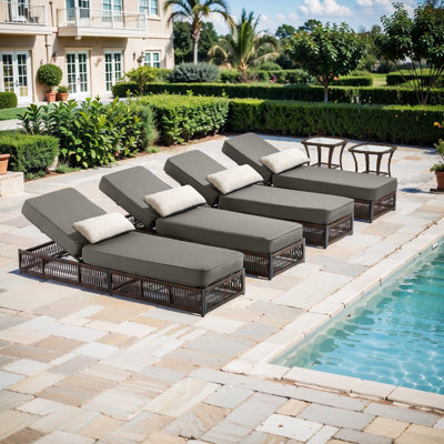 Ensemble de chaises longues d'extérieur 6 pièces avec 2 tables d'appoint et 4 fauteuils inclinables en osier toutes saisons Hayossy