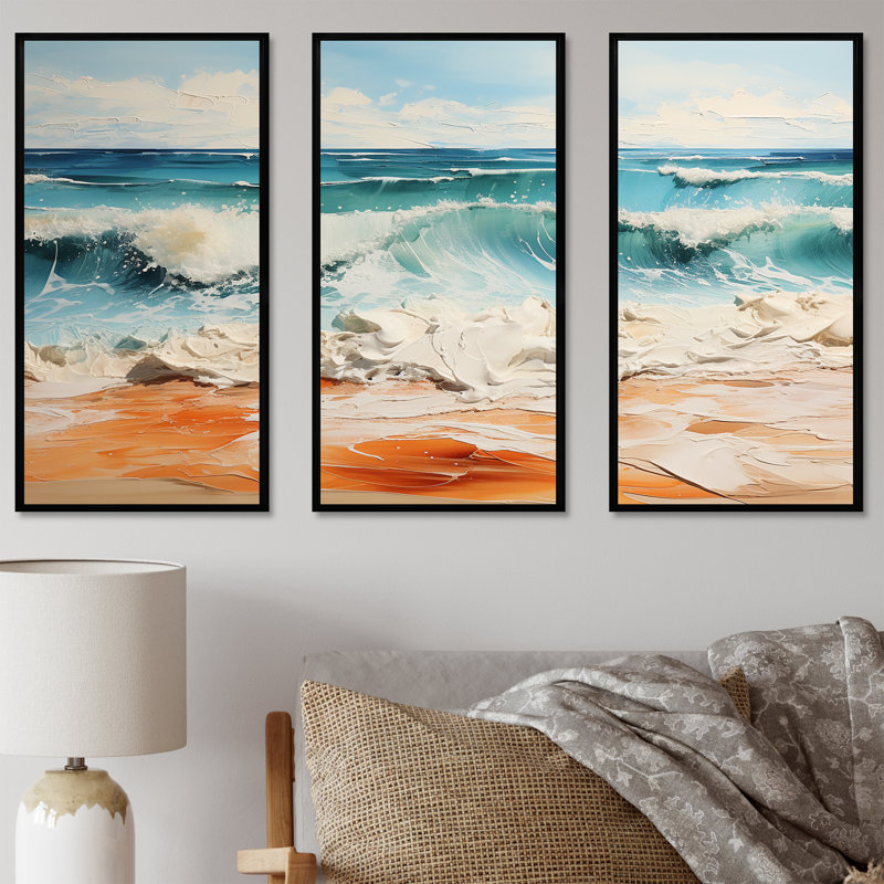 Teal Waves Fight III - ensemble d'art mural sur toile plage, Cadre flottant noir, H 28 po x l 36 po x P 1 po