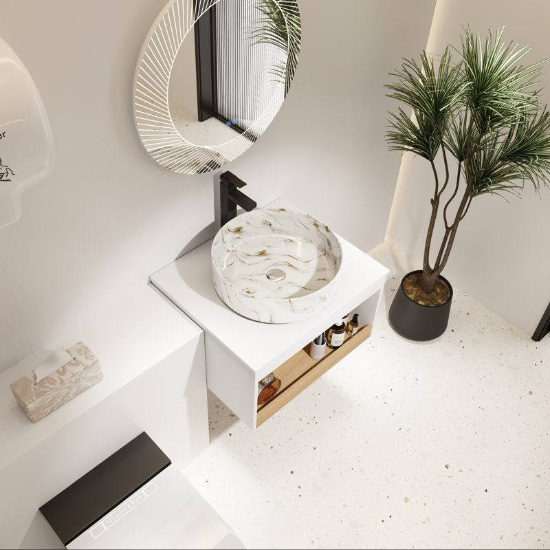 Meuble-lavabo flottant avec lavabo vasque à motif sable doré et tablette ouverte, 24"