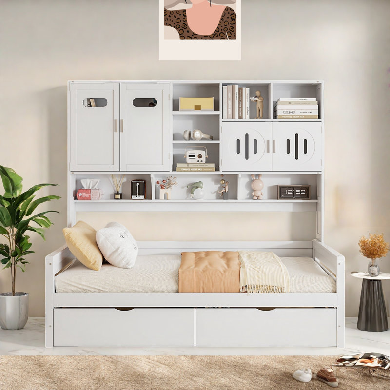 All-in-one Wooden Daybed With 2 Drawers, Cabinets And Shelves, Twin, White
