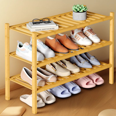 Range-chaussures en bambou pour garde-robe, range-chaussures en bois à 3 niveaux, étagère à chaussures empilable pour le vestibule, 14 lattes verticales avec pieds renforcés robustes, finition en bambou naturel