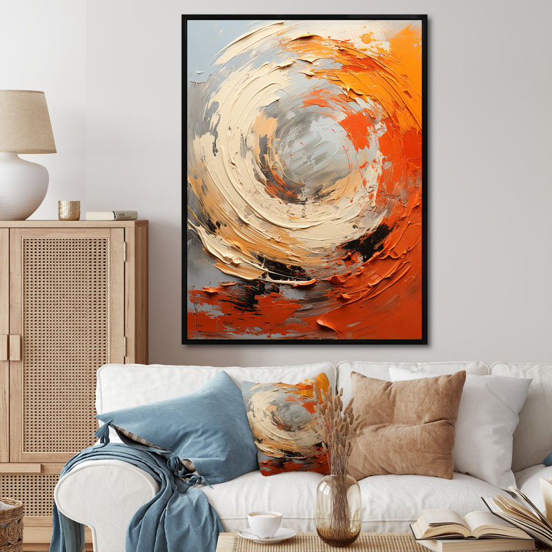 Échos orange et beige de formes modernes II - art mural abstrait, Cadre flottant noir, H 44 po x l 34 po x P 1,5 po