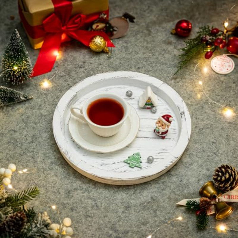 Candle Plate Holder Tray: Round Wooden Decorative Candle Plate Small Farmhouse Table Centerpiece Rustic White Wood Tealight Pillar Trays For Christmas Wedding Halloween Home Décor