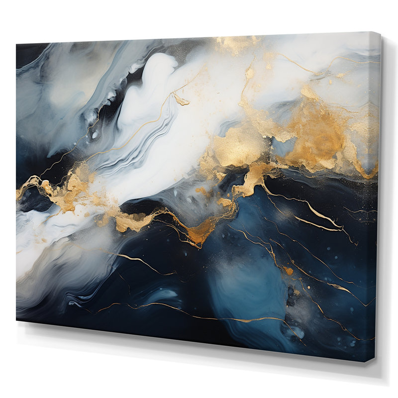 Encre de marbre abstraite dorée et bleue I - décoration murale en marbre, Toile tendue, H 34 po x l 44 po x P 1,5 po