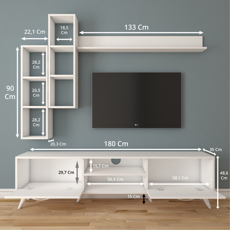 Husnu Entertainment Center for TVs up to 55", White, 1 TV Stands, 1 Middle Shelf and 1 Wall Shelf