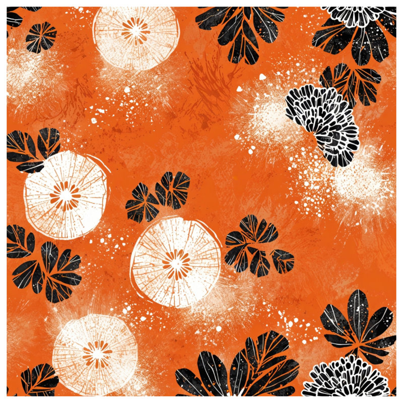 Tapisserie murale florale orange noire - décoration murale florale, H 68 po x l 80 po avec 4 œillets