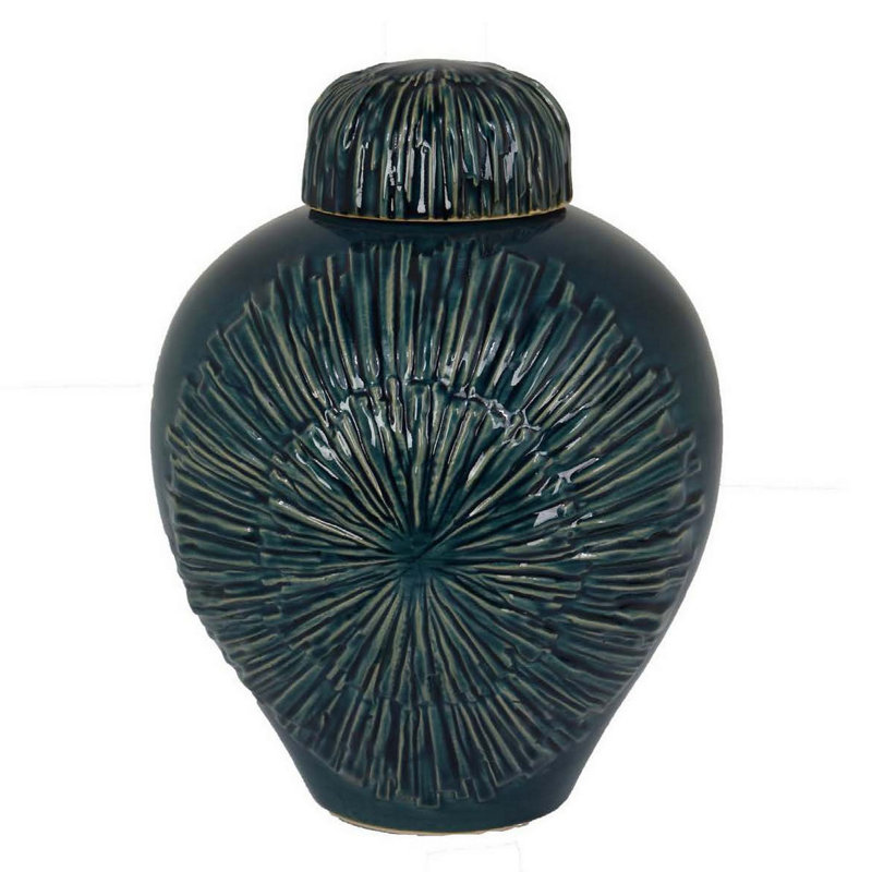 Vase décoratif avec couvercle, céramique riche texturée bleu foncé, 13 pouces