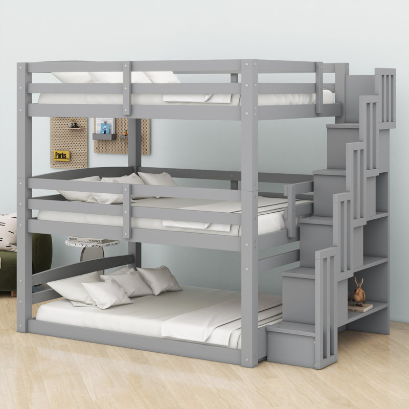 Lit superposé triple avec compartiments de rangement pour escalier, Gris