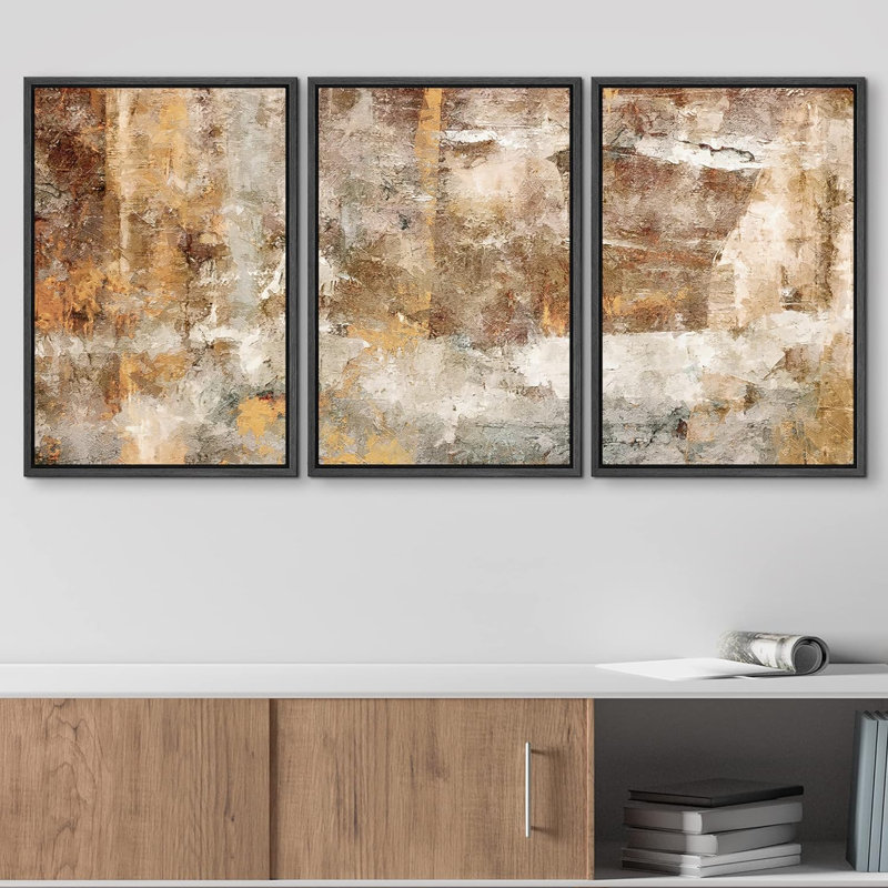«Minimal Brown», 3 pièces sur toile, Cadre flottant noir, H 24 po x l 48 po