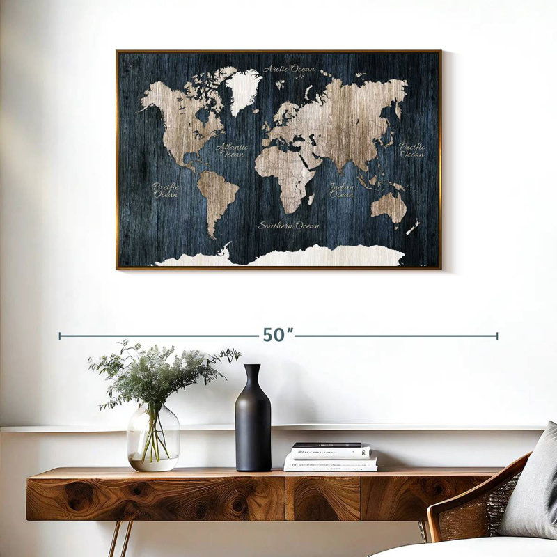 Carte du monde en bois vieilli, Cadre flottant doré, 37 po x 25 po
