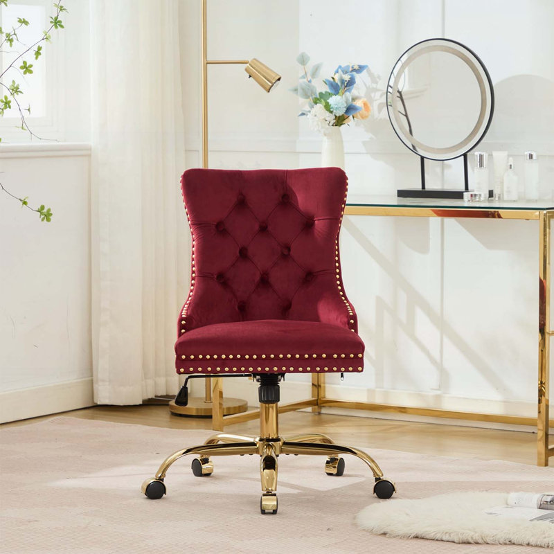 Chaise de bureau moderne capitonnée en velours capitonné avec base en métal doré, réglable et pivotante pour la maison ou le travail