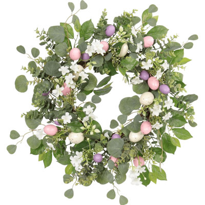 Couronne de Pâques de 22 pouces pour la porte d'entrée, couronne d'eucalyptus printanier avec œufs mouchetés pastel et fleurs de jasmin blanches