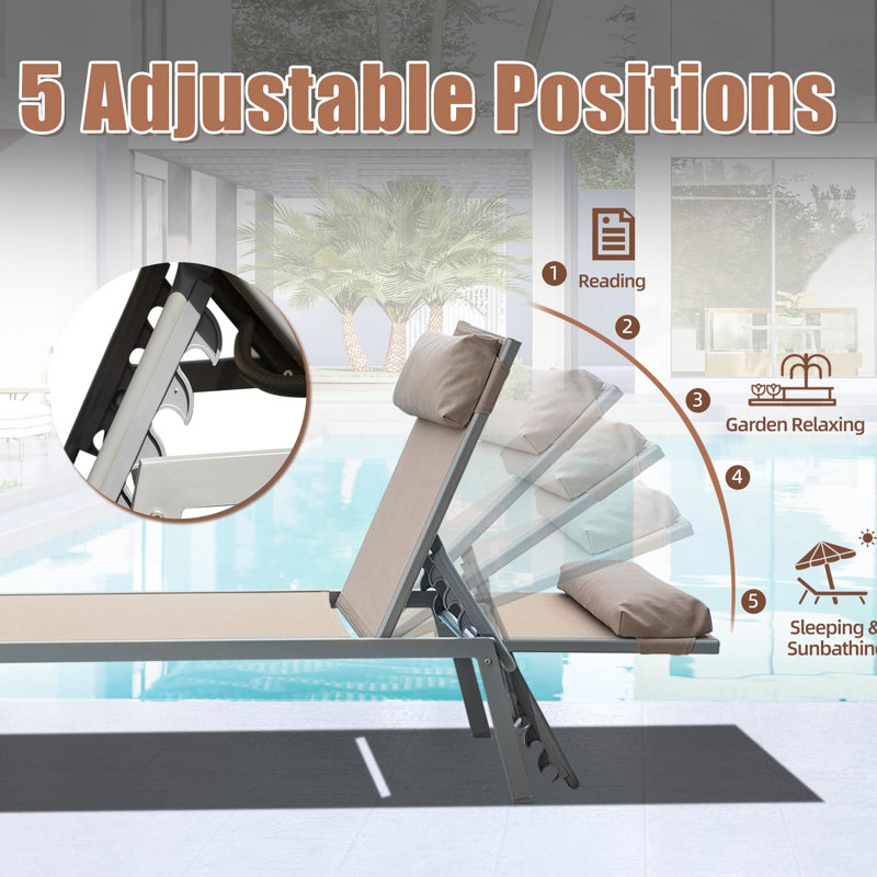 Outdoor Patio Chaise Lounge  3  - Aluminum Pool Chairs With Side Table. Khaki Colored. Deliver Outstanding Comfort Fabric. Strong Frame. 5 Adjustable Positions & . Space Saving Feature. Package