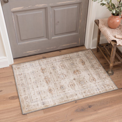 Paillasson traditionnel oriental beige/brun performant à poils courts, lavable et antidérapant