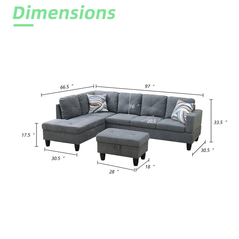 980-SCO-MICROFIBER Upholstered L-Shaped Sectional, Left Hand Facing, Gray Microfiber