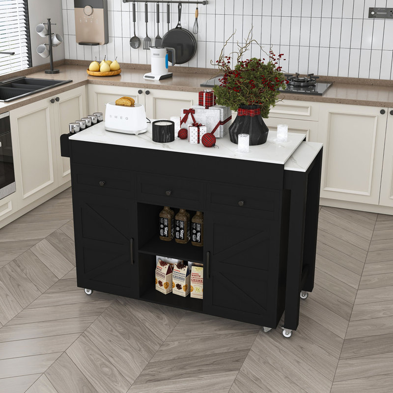 Îlot de cuisine 74,8 po avec table de salle à manger extensible, plateau en placage de marbre et prise de courant intégrée - Chariot de rangement mobile avec 3 tiroirs et armoire