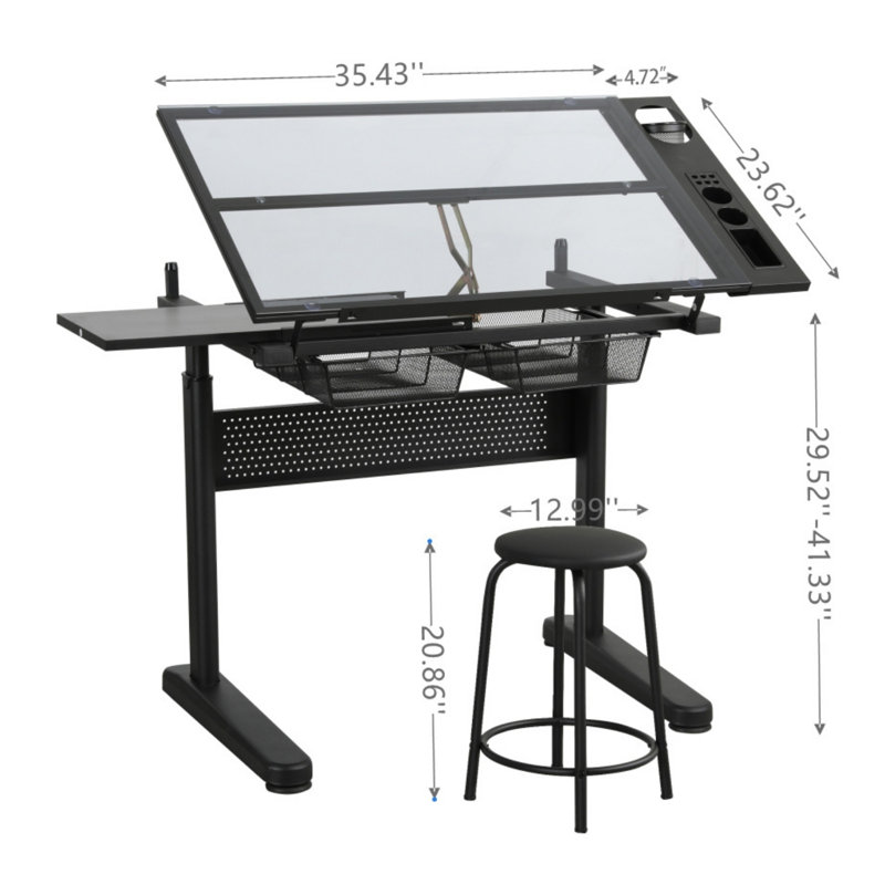 Bureau de table à dessin réglable noir avec manivelle et 2 tiroirs en métal, Noir