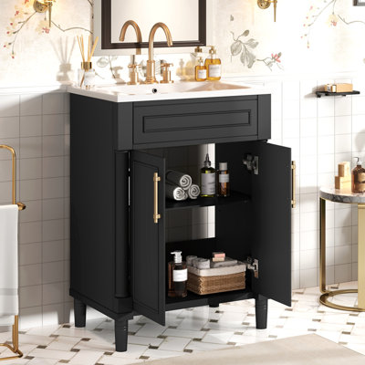 Meuble-lavabo 24 po avec lavabo intégré en céramique, meuble-lavabo simple avec 2 portes et meuble-lavabo simple pour petite et moyenne salle de bain