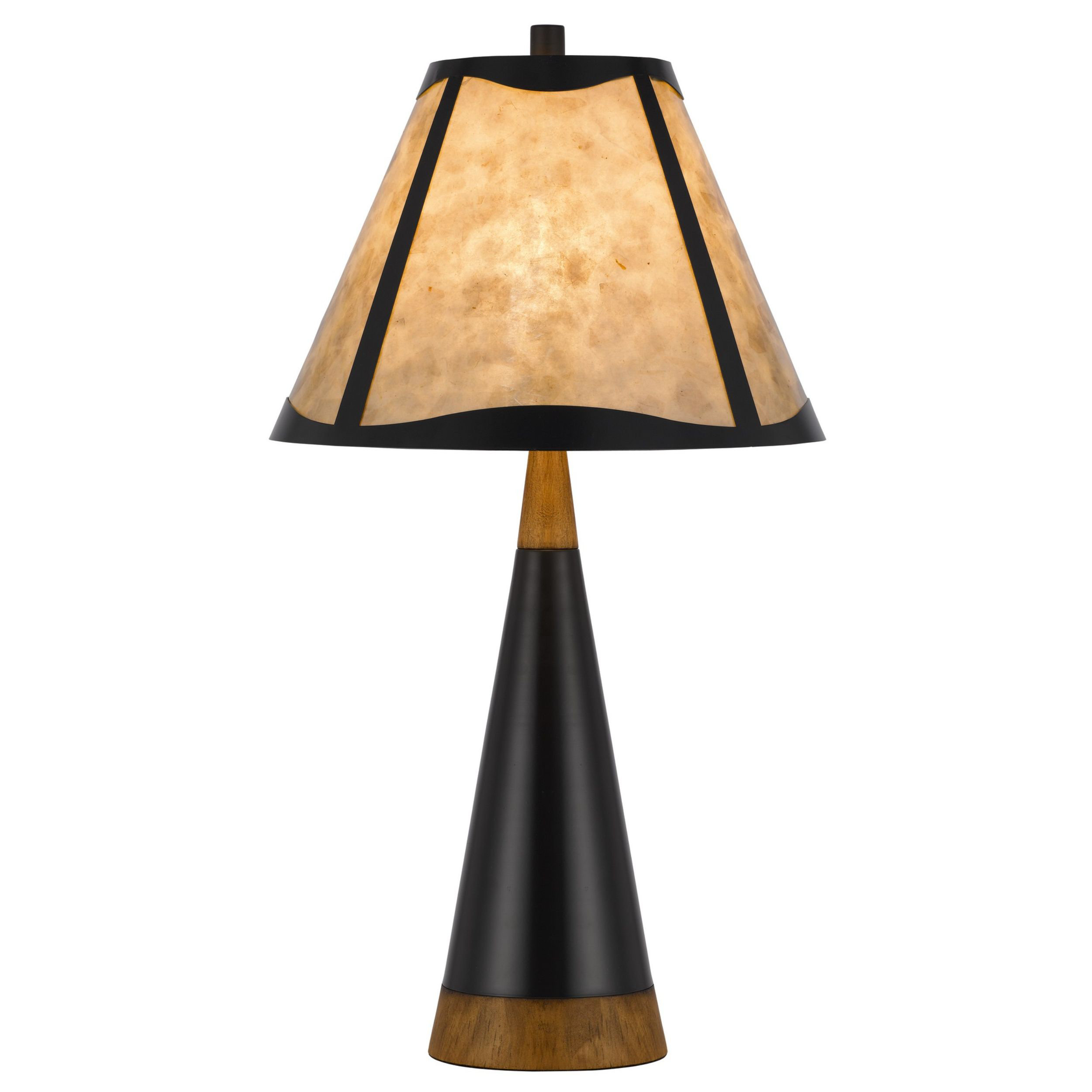 30 Inch 3 Way Table Lamp, Beige Mica Shade, Rubberwood And Black Metal Body