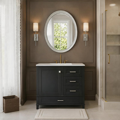 Meuble-lavabo 36 po avec lavabo en céramique, structure en bois massif, 1 porte, 3 tiroirs et support de rangement