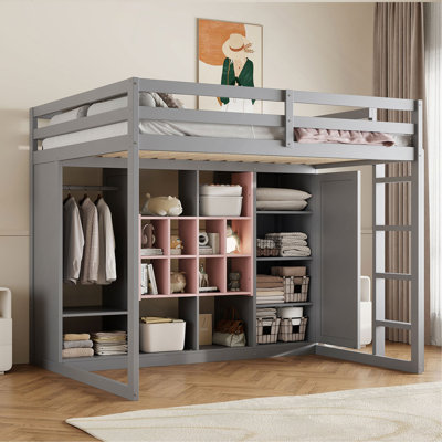 Lit mezzanine en bois avec garde-robe, tablettes et armoire