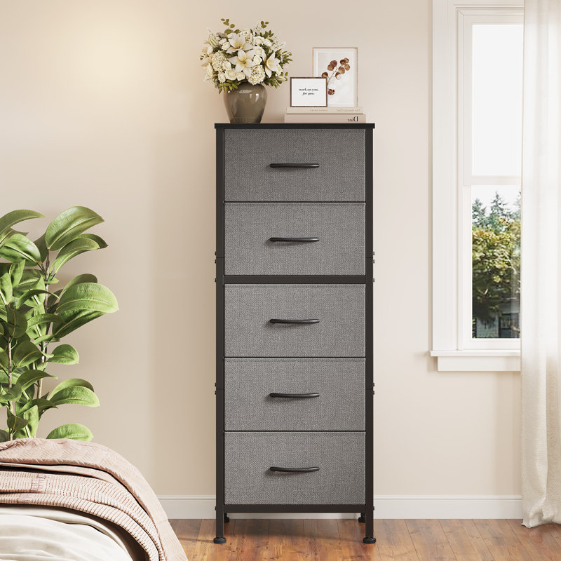 Commode à 5 tiroirs en tissu, commode de rangement verticale avec plateau en bois, grand rangement, Gris