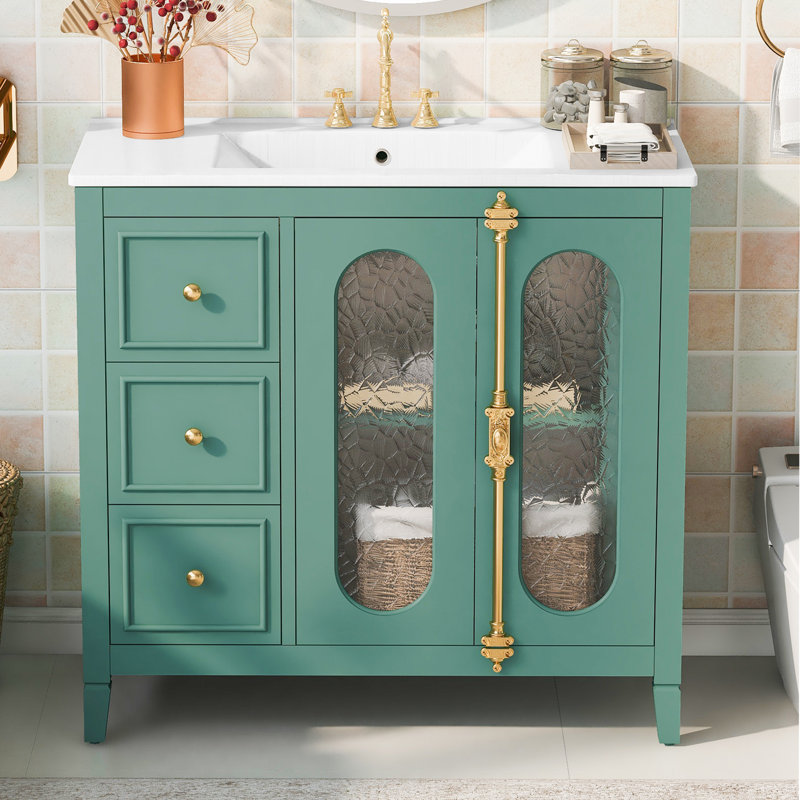 Meuble-lavabo à cadre en bois massif 36 po avec 2 portes à fermeture douce et 3 tiroirs
