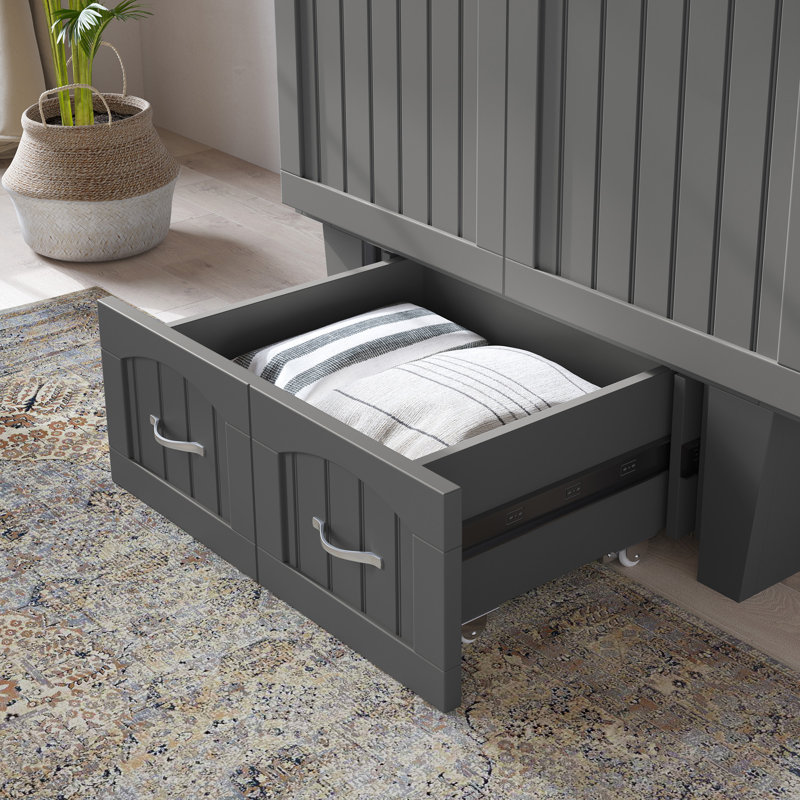 Kindig Murphy Bed Chest with 6" Mattress, Storage and Built-in Charger, Gray, Twin