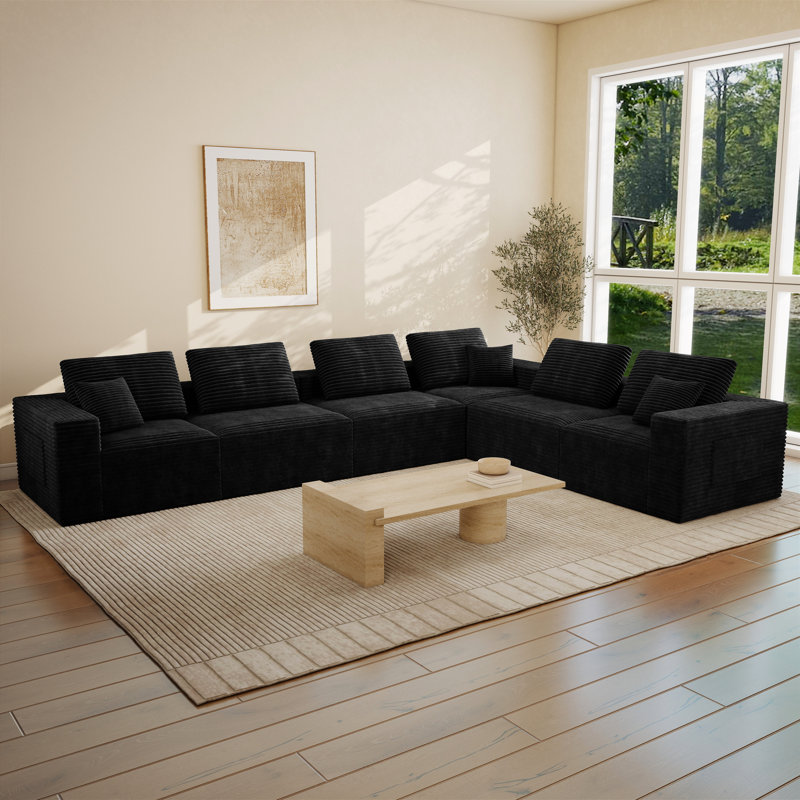 Boneless Abdou 141.7" L-Shaped Compression Sectional Sofa With Chaise, Corduroy Cloud Couch, Black