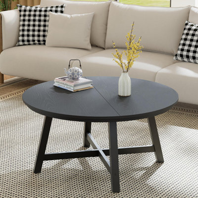 Modern Industrial Coffee Table - 36 Inch Round Living Room Center Table - Wood Grain Engineered Top, Thick Metal Legs, Adjustable Feet, Water Resistant, Easy Assembly, Grey