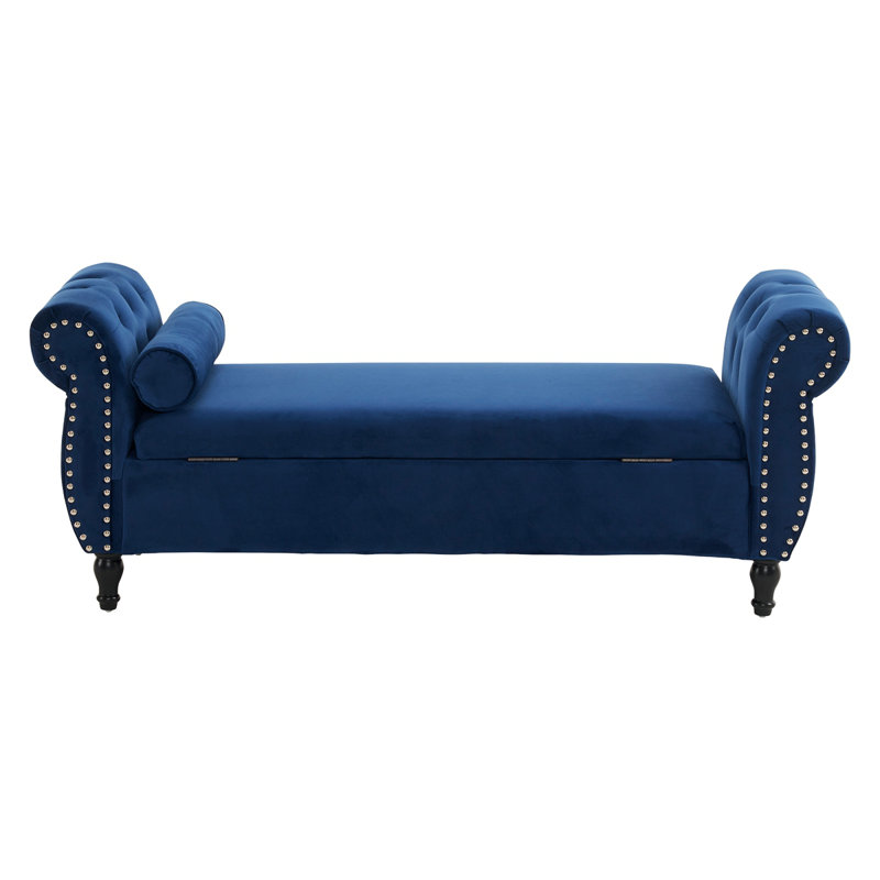 Banc repose-pieds rectangulaire en velours avec rangement et 1 coussin décoratif, Bleu marine antique