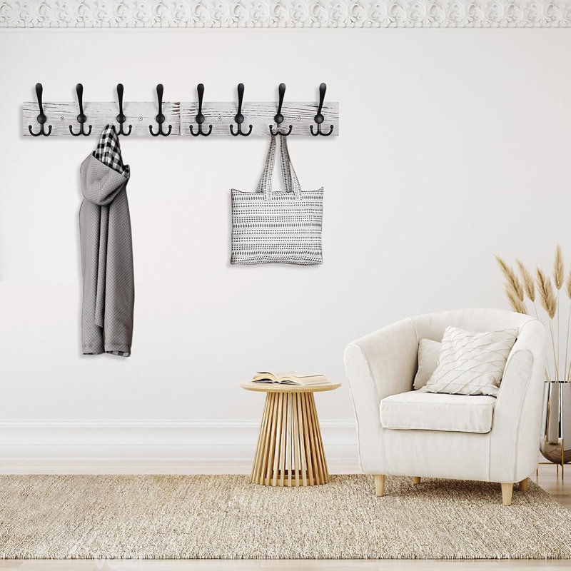 Portemanteau mural rustique avec 8 crochets robustes, Blanc
