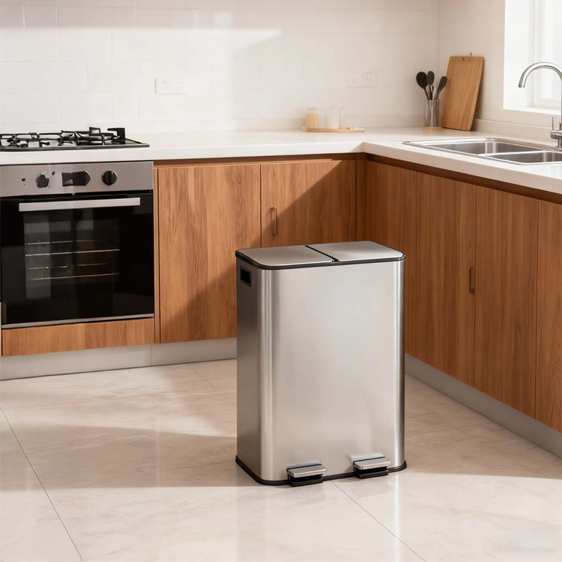 Large Stainless Steel Double Trash Can with Lid for Kitchen, Step-on, Stainless Steel, 16