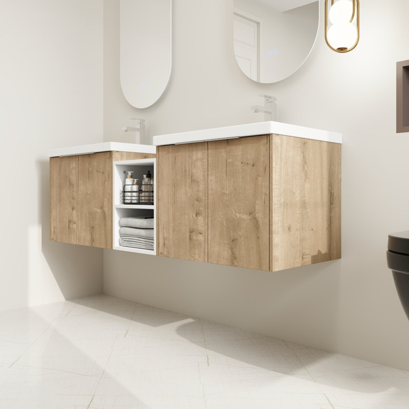 Ensemble de meuble-lavabo double 60 po avec 2 plateaux en résine, Beige